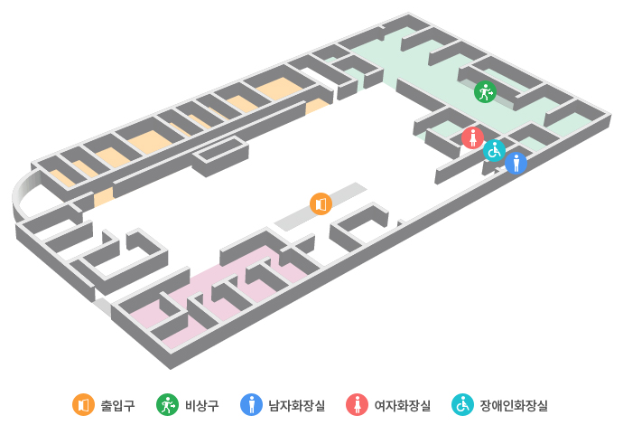 2층 배치도로 출입구, 비상구, 남자화장실, 여자화장실, 장애인화장실이 있음, 자세한 내용은 아래 목록 참고