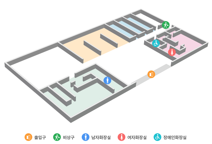 3층 배치도로 출입구, 비상구, 남자화장실, 여자화장실, 장애인화장실이 있음, 자세한 내용은 아래 목록 참고