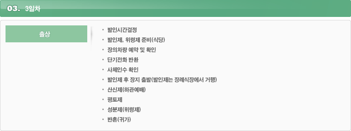 3일차1.출상발인시간결정발인제, 위령제 준비(식당)장의차량 예약 및 확인단기전화 반환사체인수 확인발인제 후 장지 출발(발인제는 장례식장에서 거행)산신제(하관예배)평토제성분제(위령제)반혼(귀가)